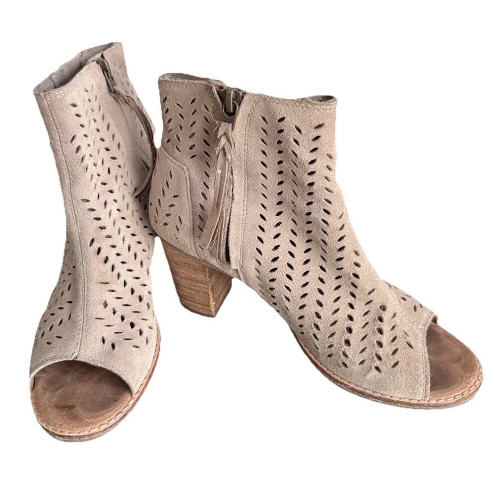 TOMS Majorca Peep Toe Booties Women Taupe Suede Perforated Block Heel Bootie 6